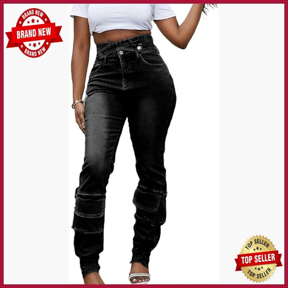 Stretch Cargo Jeans with Cutout Waist Removable Strap Distressed